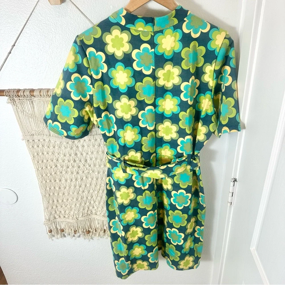 60s Flower Power Retro Vintage Like Floral Patterned Dress 70s Green US 14 - Picture 8 of 8
